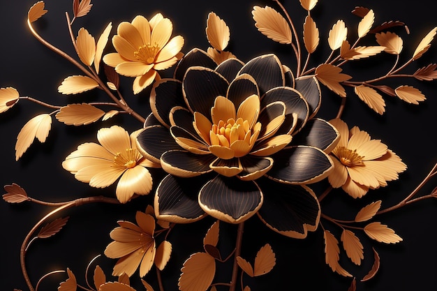 a black background with yellow flowers and leaves