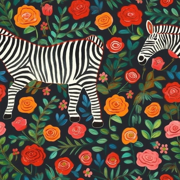 A black background with a zebra and flowers.