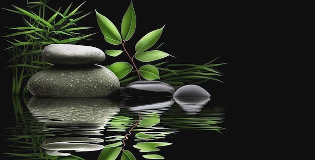 A black background with zen stones and a branch of bamboo.