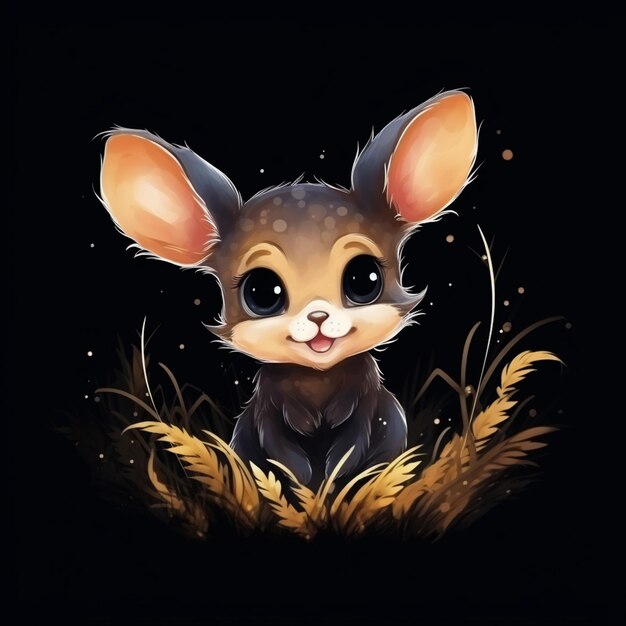 Photo black backgroundabstract water color style of cute smile baby mouse deer mascot generative ai