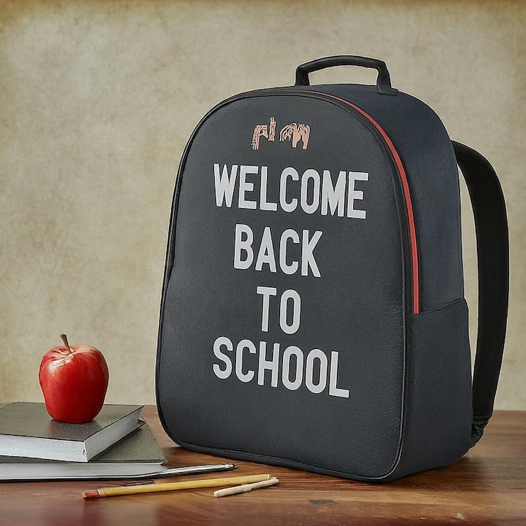 Photo a black backpack with the words welcome back to school