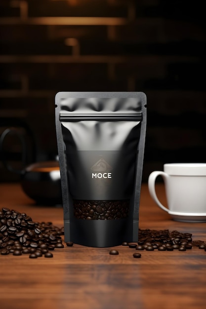 A black bag of coffee with the word moe on it