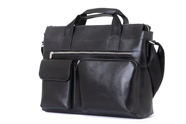 Black bag for men made of genuine leather close up