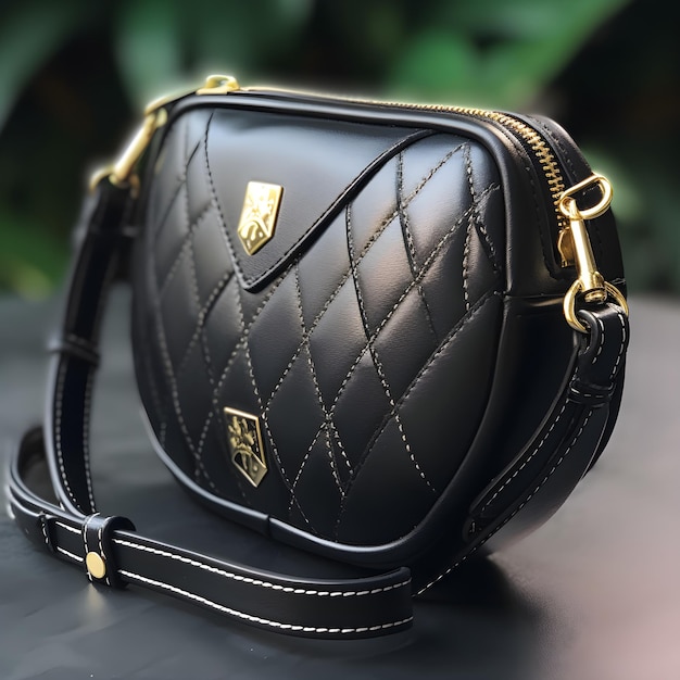 A black bag with a gold chain on it