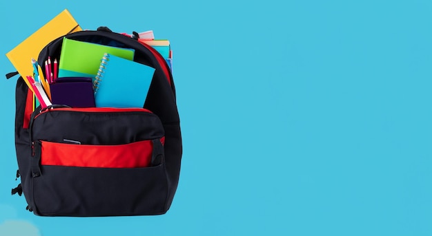 black bag with red school bag on blue background