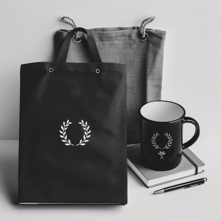 Photo a black bag with the word  f  on it next to a cup