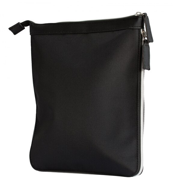 Foto borsa nera con cerniera isolato su bianco con tracciato di ritaglio