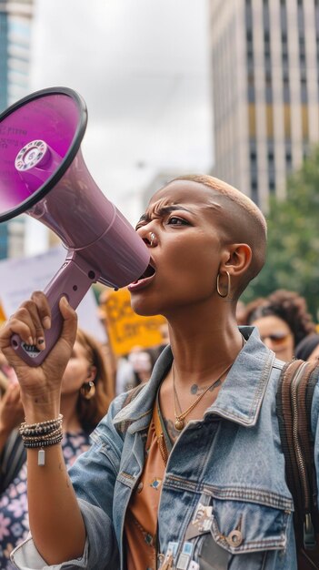 Photo black bald woman with purple megaphone in hands womens day