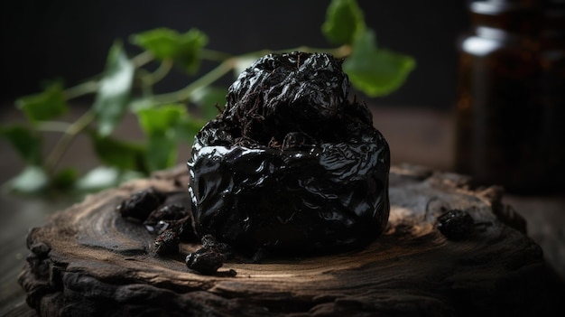 A black ball of dried plums sits on a piece of wood with green leaves behind it.