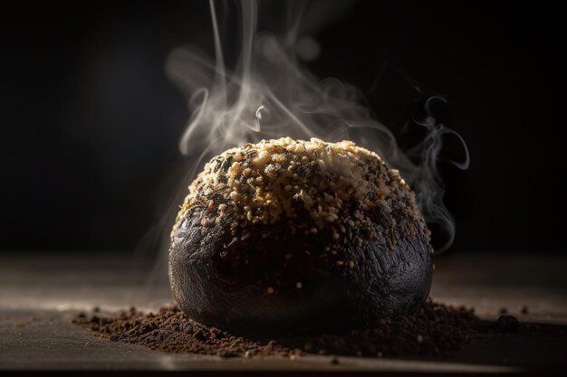 A black ball of food with smoke coming out of it