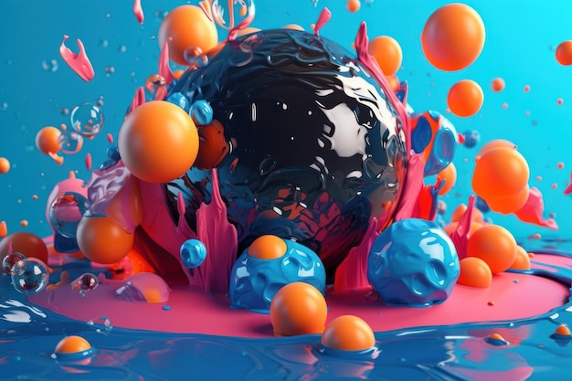 Черный шар окружен оранжевыми и синими шарами.