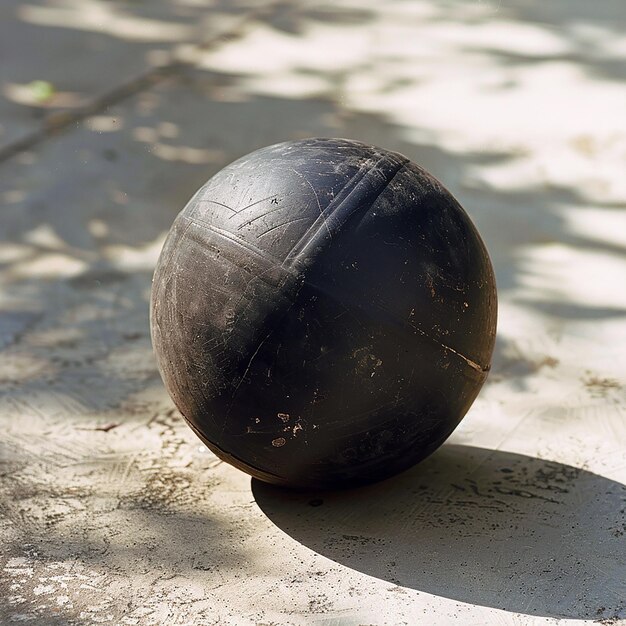 Photo a black ball with a white spot on it is on a concrete surface