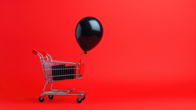Black balloon with shopping cart. Black Friday Sale. Red ai background