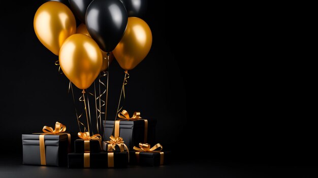 A black balloons and black gift boxes with golden ribbon isolated on black background copy space