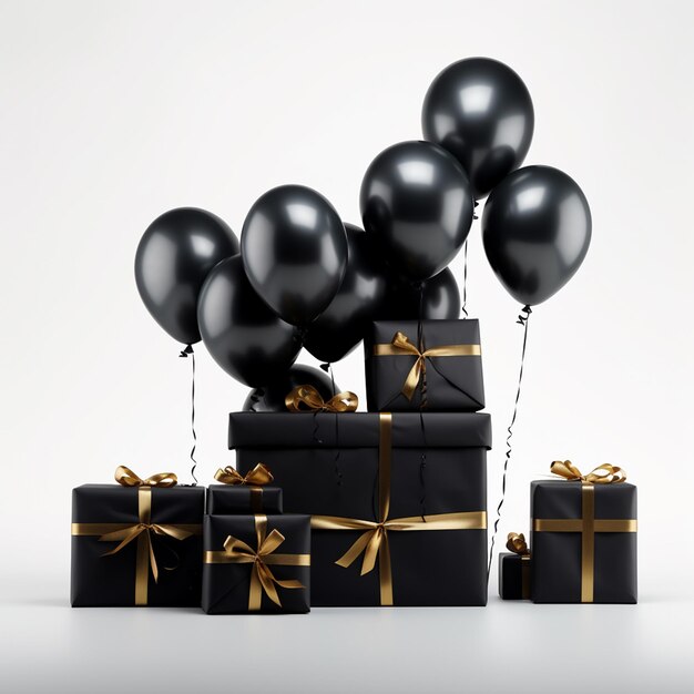 Black balloons with gift box Happy birthday poster element generative ai