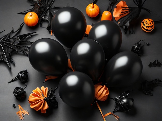 Black balloons with Halloween decorations flat lay