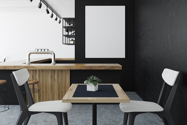 Black bar interior with a concrete floor, a wooden bar and rows of stools near it and a poster on the wall. White and black tables with chairs. A close up. 3d rendering mock up