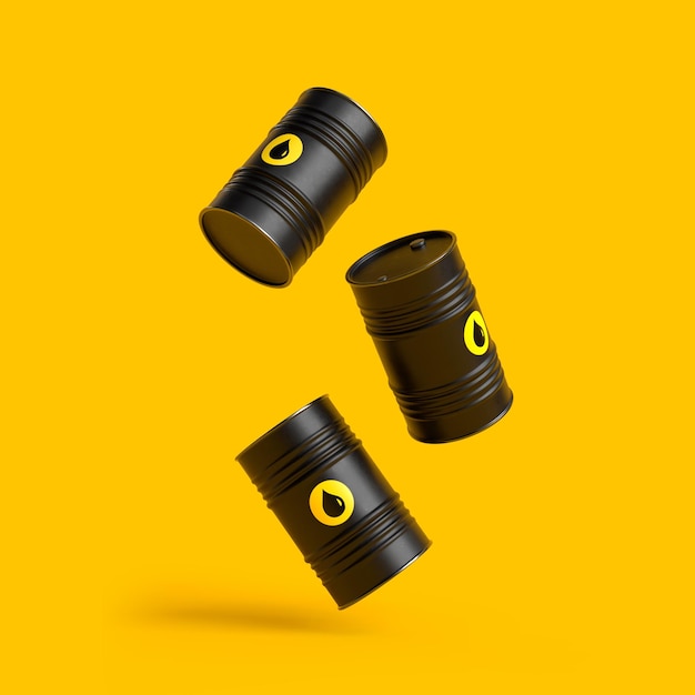 Black barrels of oil fall on a yellow bright background oil prices inflation 3d render illustration