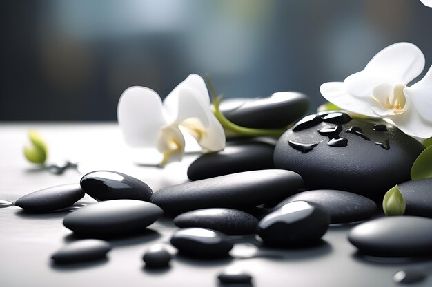 Black basalt stones for spa treatments with white orchid flowers on a light background AI platform