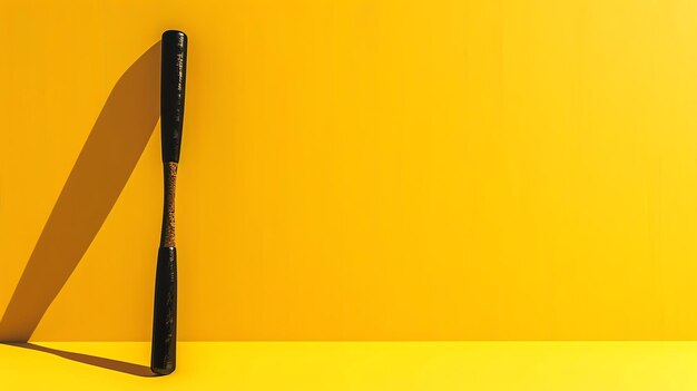 Photo a black baseball bat stands propped against a bright yellow wall casting a long shadow the bat is made of wood and has a dark brown grip