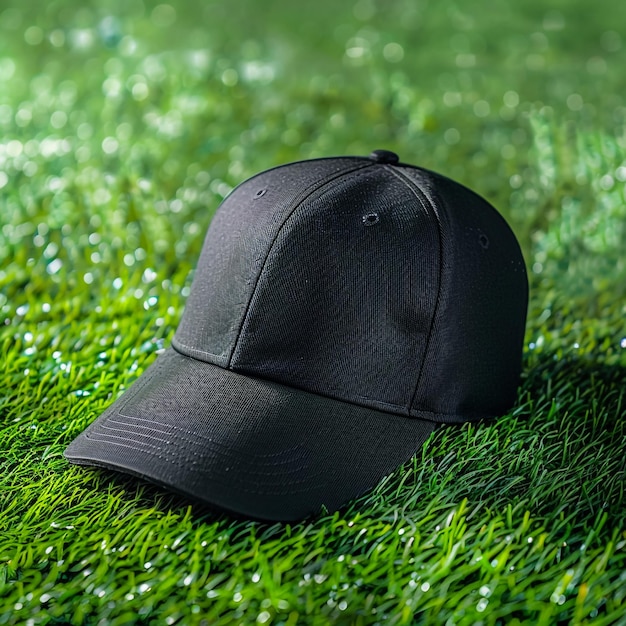 a black baseball cap is laying on the grass