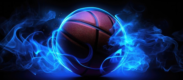 Black basketball with glowing neon lines on black background and smoke