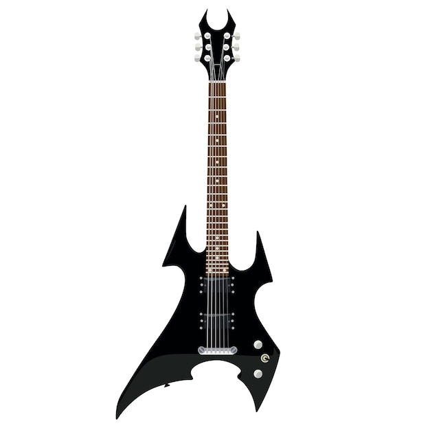 Black bass guitar in the form of an axRock moodBrutal bass guitarIsolated on a white backgroundHaving a place for an inscriptionGitara