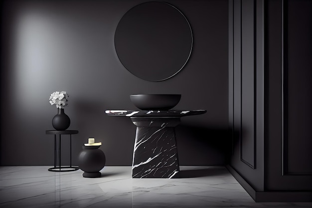 black bathroom interior with a round mirror