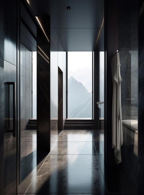 A black bathroom with a mountain in the background