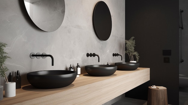 A black bathroom with a round mirror and black sink.