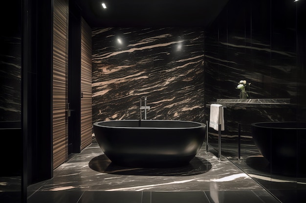 A black bathtub in a bathroom with a black wall behind it.