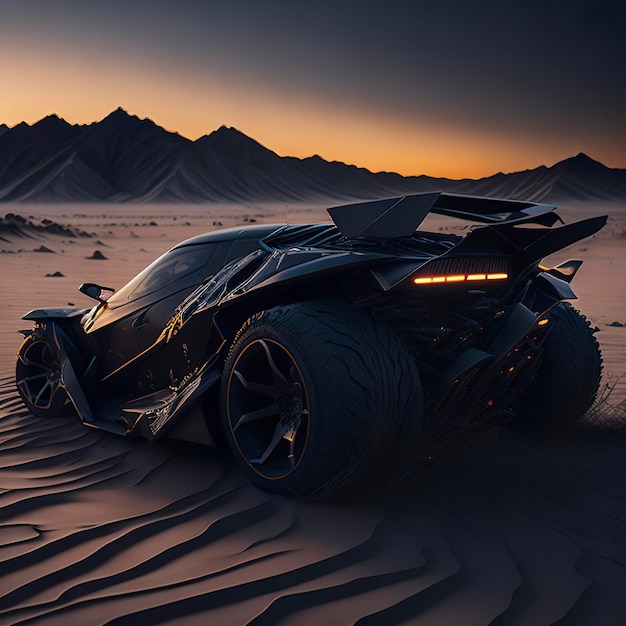 A black batmobile is in the desert with mountains in the background.