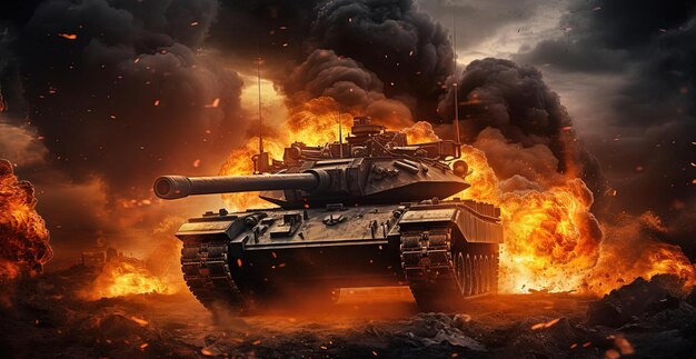 a black battle tank drives through a fire in the style of photorealistic compositions