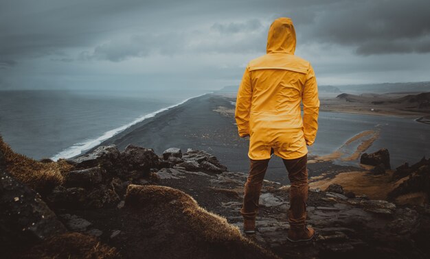 Punto di vista nero della spiaggia a reynisfjara, islanda