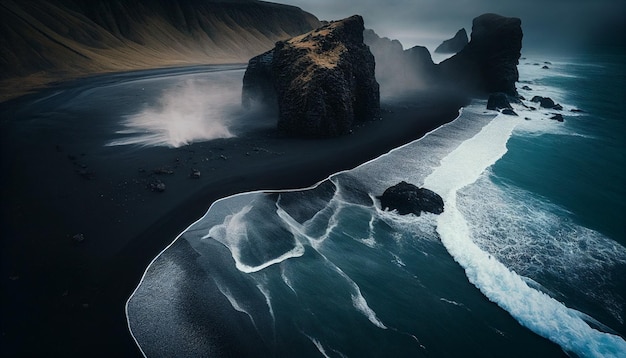 Черный пляж с черным песком и большой скалой на переднем плане.