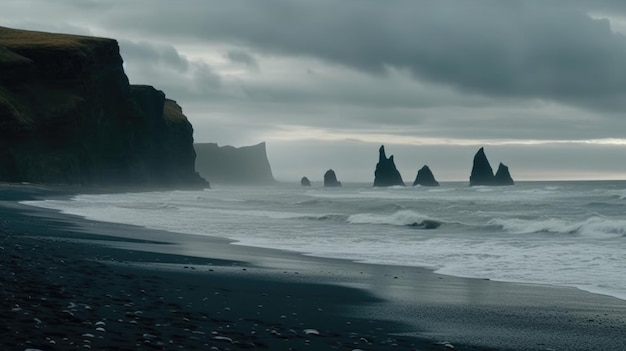 A black beach with a black sand beach and the ocean in the background.