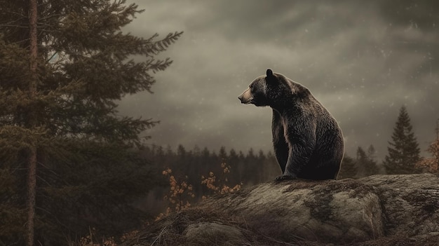 A black bear sits on a rock in front of a tree