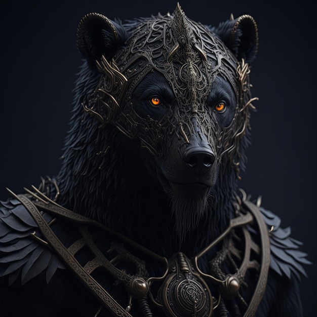 A black bear with a golden eye and a silver chain around his neck.