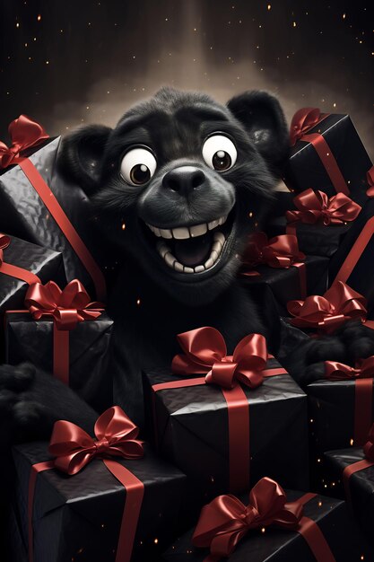 a black bear with a red bow tie holding a bunch of presents