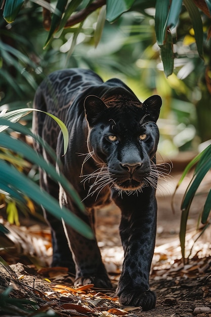 Foto bellissima puma nera nella giungla in primo piano