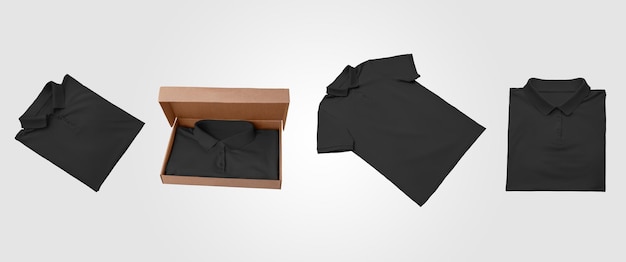 black beautifully folded polo presentation of mens tshirt in an open box isolated on background