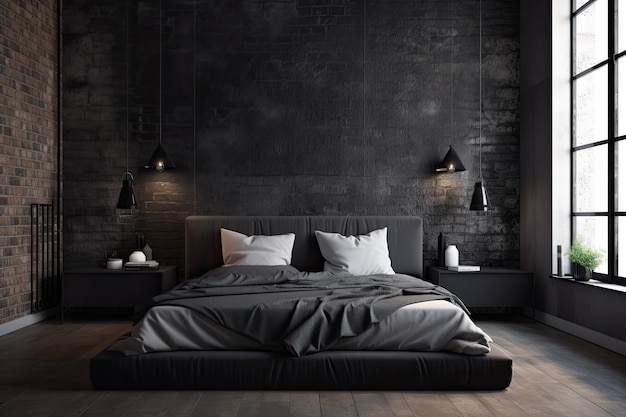 Black bed in interior bedroom with white sheets and pillows timber floor and a wall of white brick