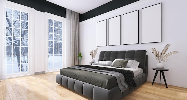 black bed in minimal bedroom interior design with four poster frame mockup