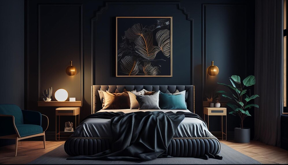 Premium Photo | A black bedroom with a black wall and a bed with a