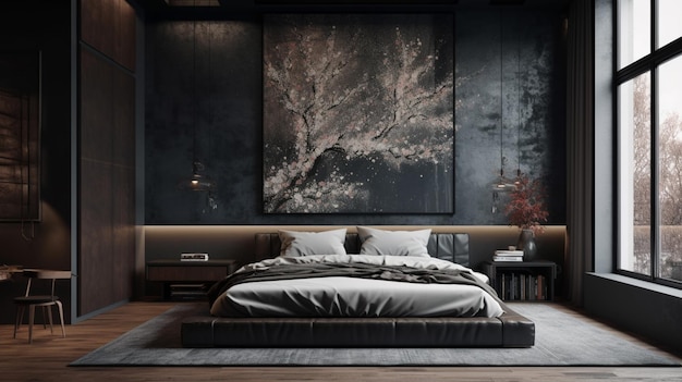 A black bedroom with a painting on the wall