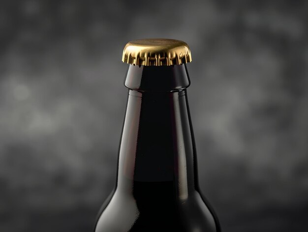 Foto una bottiglia di birra nera con un tappo d'oro su uno sfondo scuro