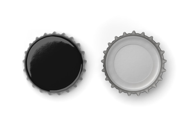 Photo black beer caps mock up isolated on white background empty metal soda caps mockup 3d rendering