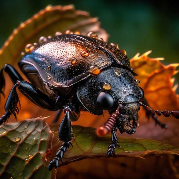 A black beetle with many beads on its face is covered in water droplets.