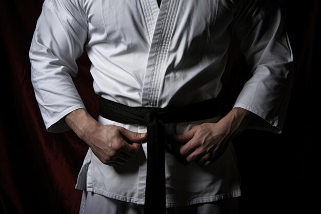 Foto una cintura nera legata attorno a un'uniforme bianca di kung fu