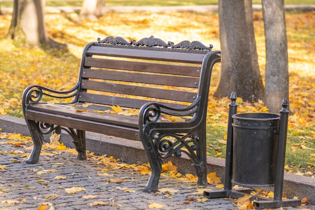 A black bench with a decorative design on it next to a trash can.